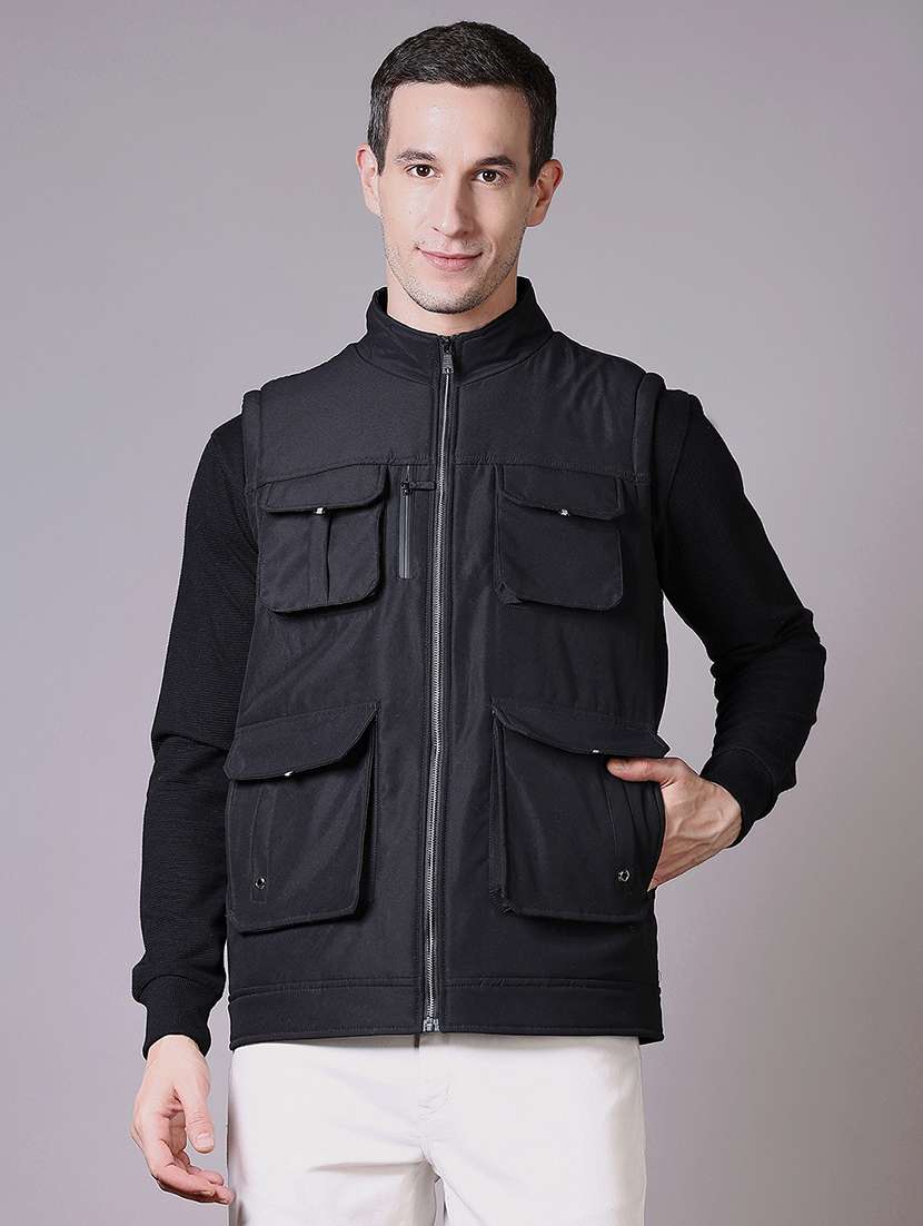 men solid sleeveless casual jacket