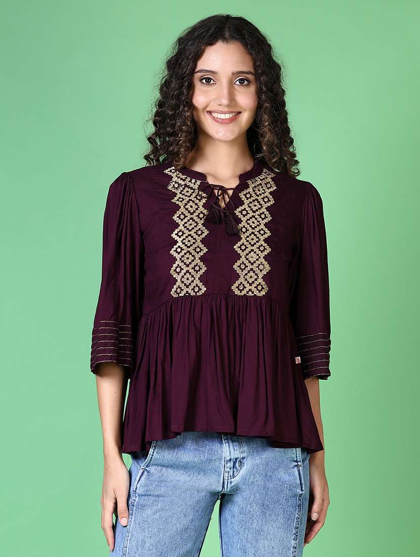 women purple tie-up neck peplum top