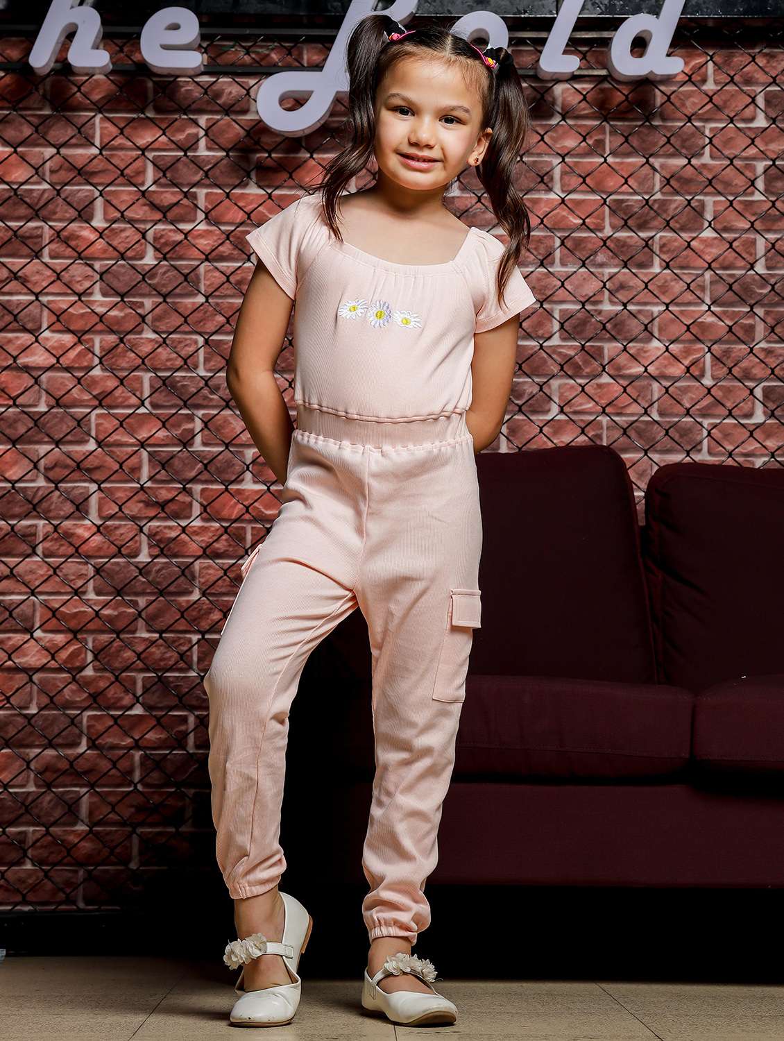 girls embroidered short sleeves jumpsuit
