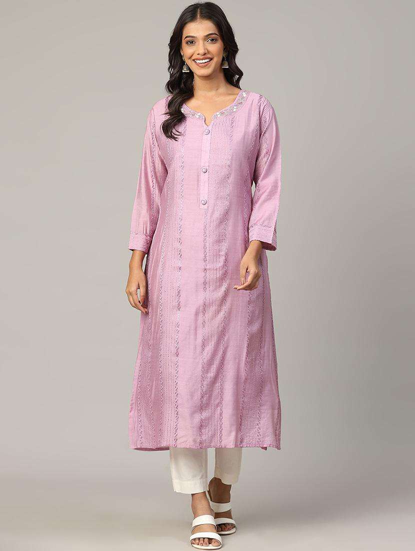 women lavender long sleeve straight kurta