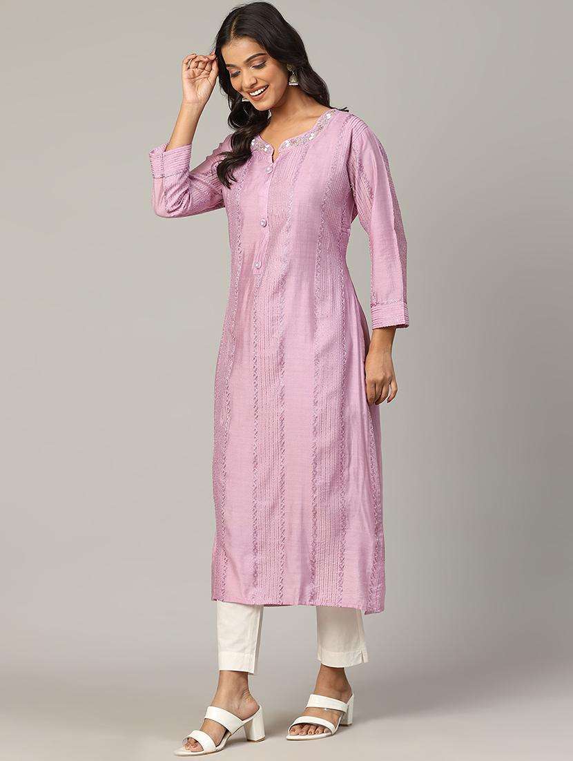 women lavender long sleeve straight kurta - 21613338 -  Standard Image - 3