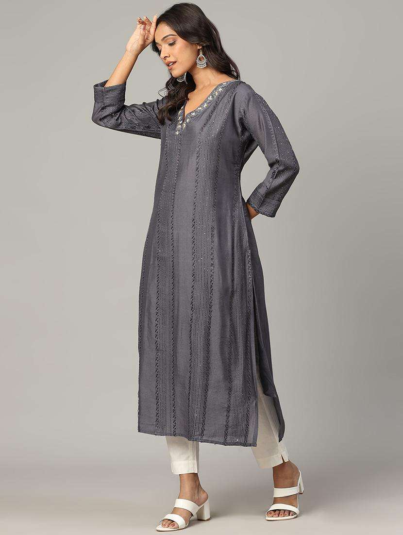 women grey long sleeve straight kurta - 21613340 -  Standard Image - 3