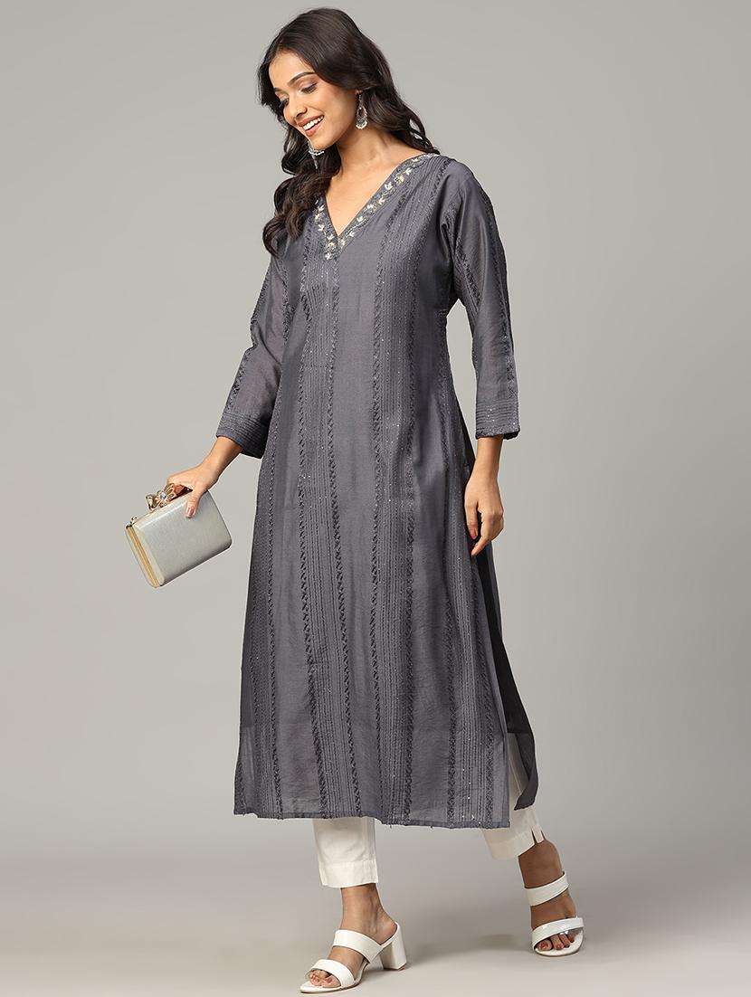 women grey long sleeve straight kurta - 21613340 -  Standard Image - 5