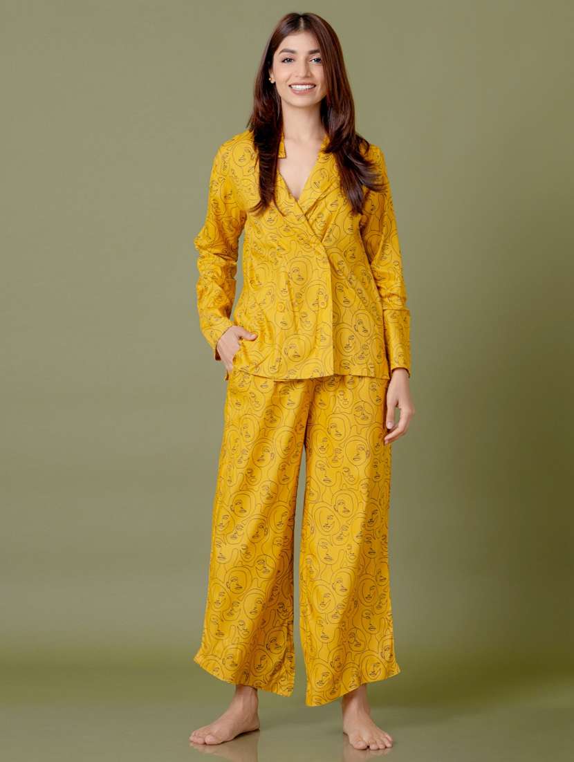 women yellow printed nightwear set