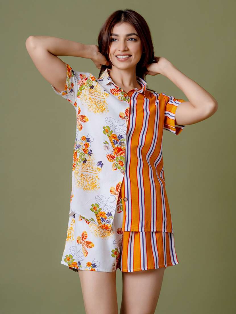 women white printed nightwear shorts set