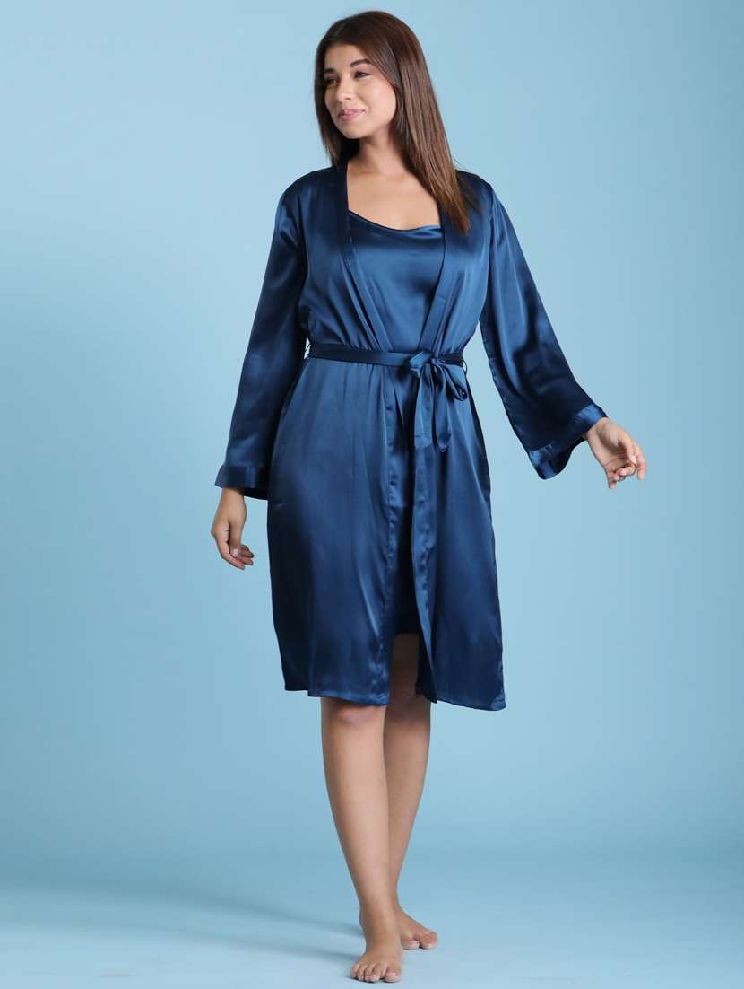 women blue solid long sleeve nighty