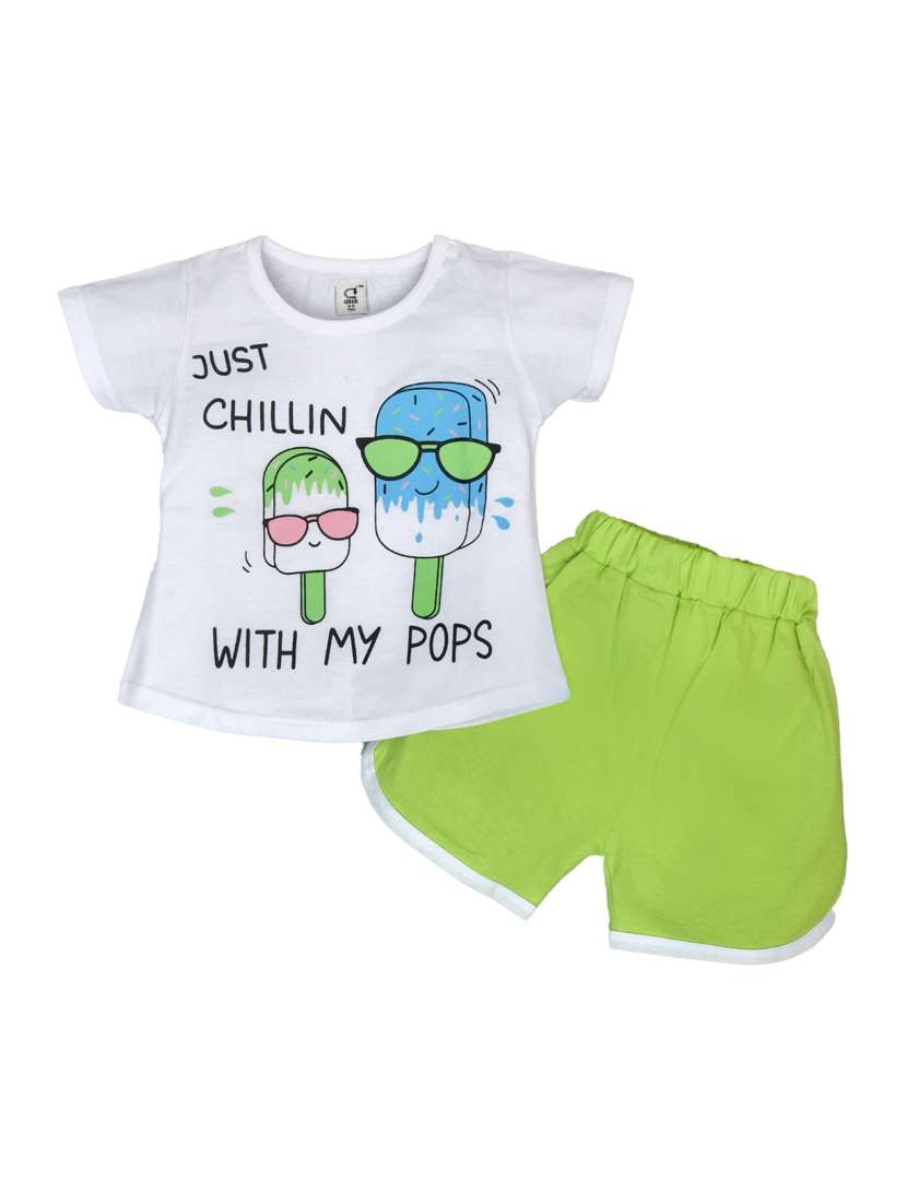 girls white printed short sets