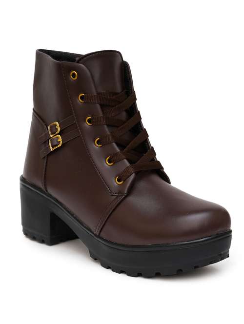 women brown solid lace-up boots