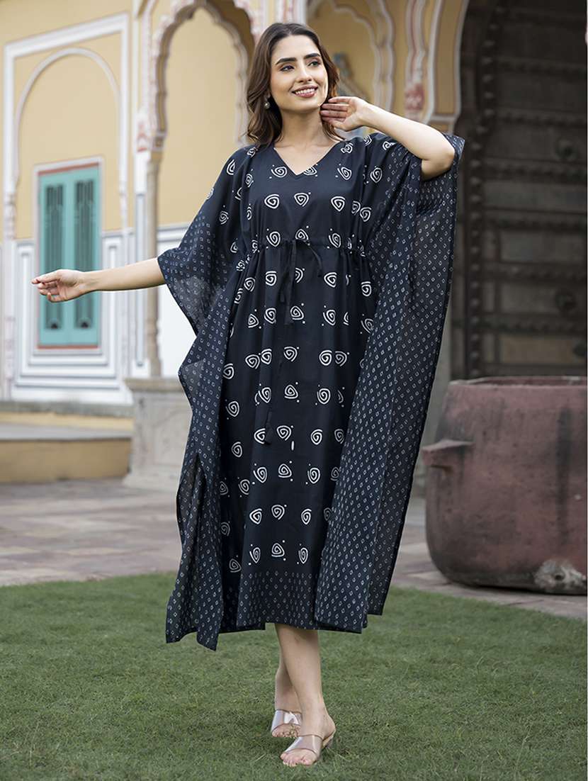 women blue printed v neck kaftan ethnic dress - 21613933 -  Zoom Image - 0
