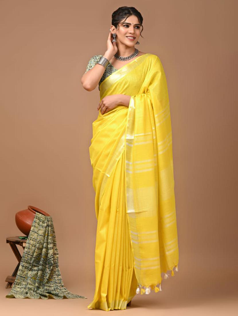 women solid handloom saree with blouse - 21613984 -  Zoom Image - 0