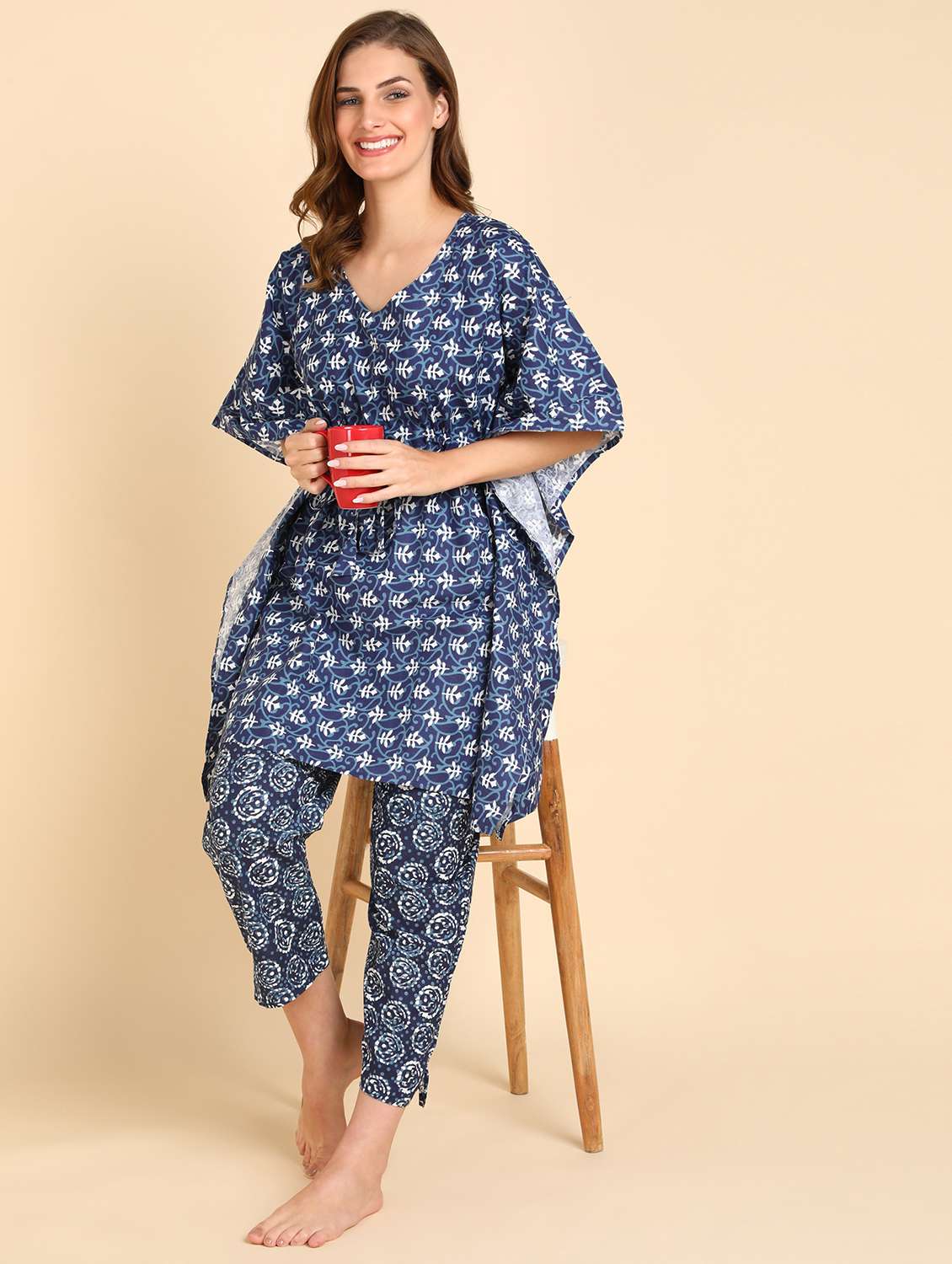 women v-neck printed nightwear set - 21614093 -  Standard Image - 3