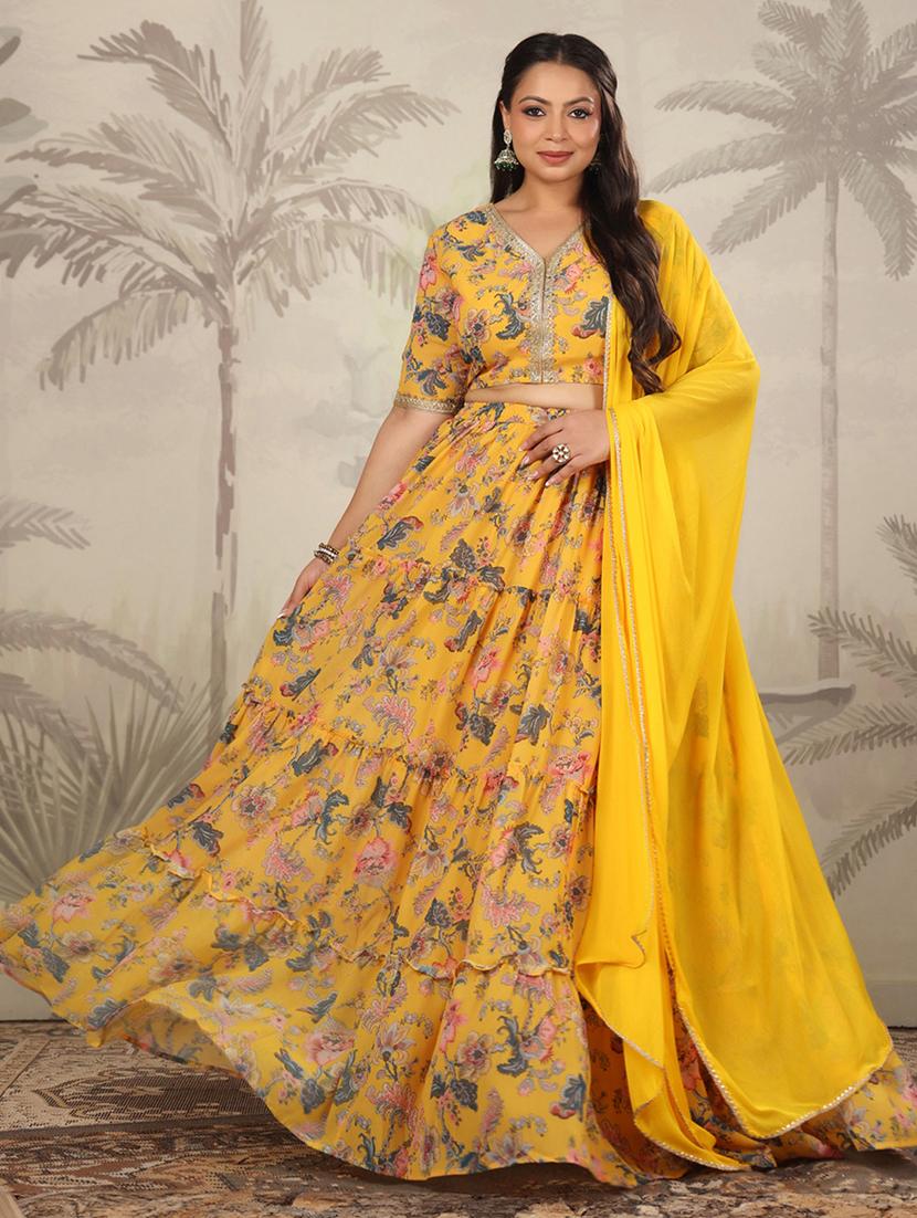 women yellow floral printed flared stitched lehenga - 21617160 - Zoom Image - 0