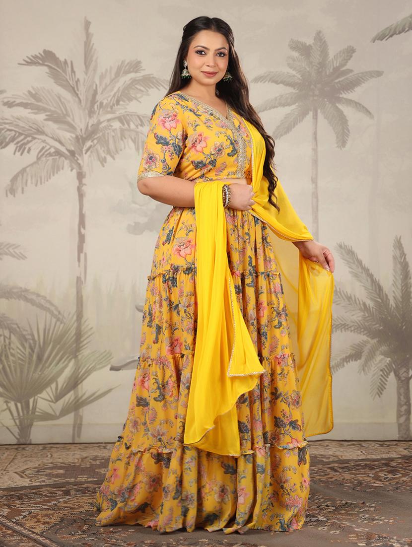 women yellow floral printed flared stitched lehenga - 21617160 - Standard Image - 3