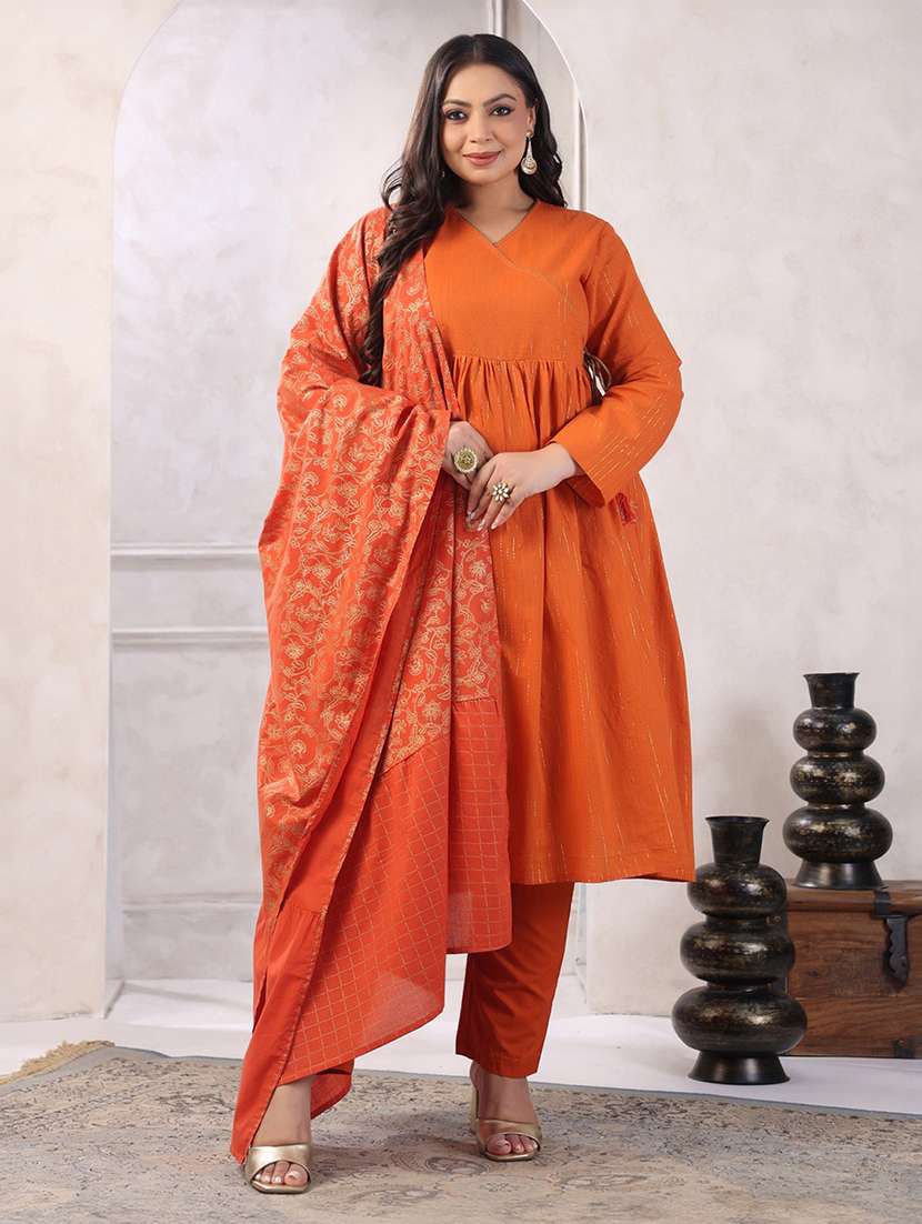 women orange striped long sleeve kurta pant set with dupatta  - 21617183 -  Standard Image - 3