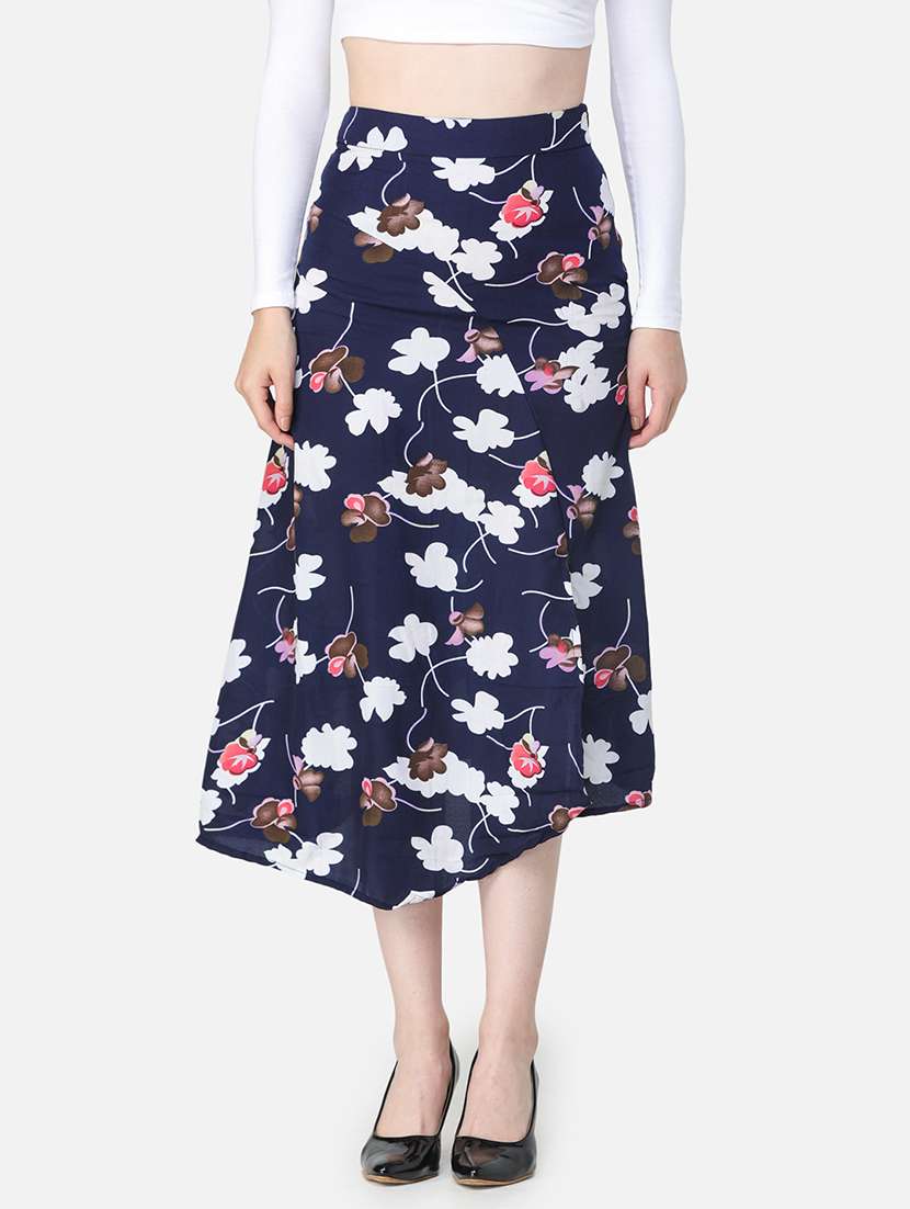 women navy blue floral printed a-line skirt