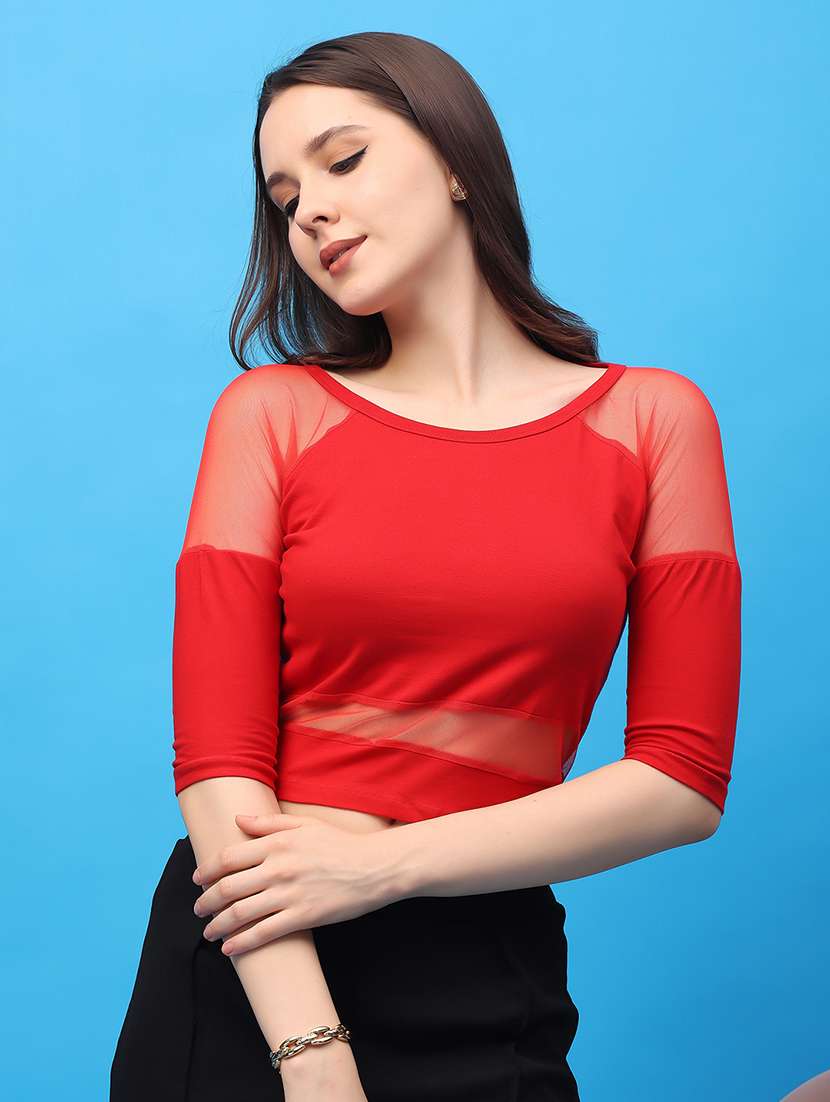 women solid detailed round neck crop top
