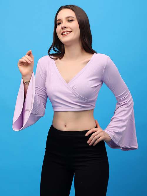 women solid long sleeves crop top - 21617276 - Standard Image - 0