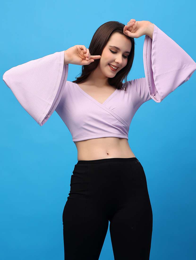 women solid long sleeves crop top - 21617276 - Standard Image - 3