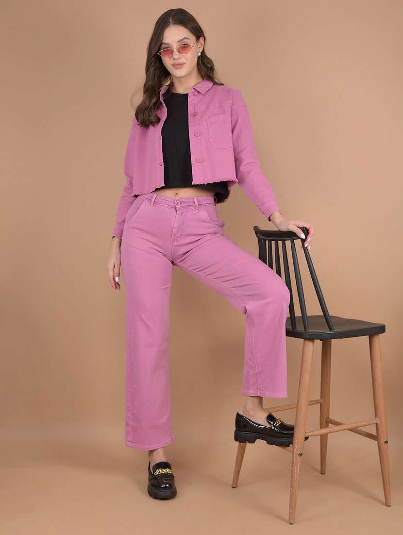 women pink solid shirt and trouser co-ord set