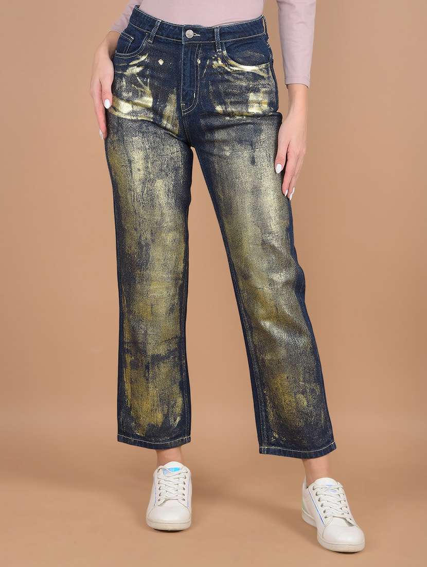 women navy blue printed straight jean