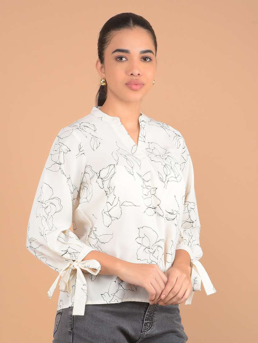 women printed mandarin collar top - 21617428 - Zoom Image - 0
