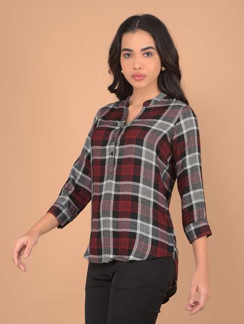 women checked printed three quarter sleeves top - 21617432 -  Standard Image - 0