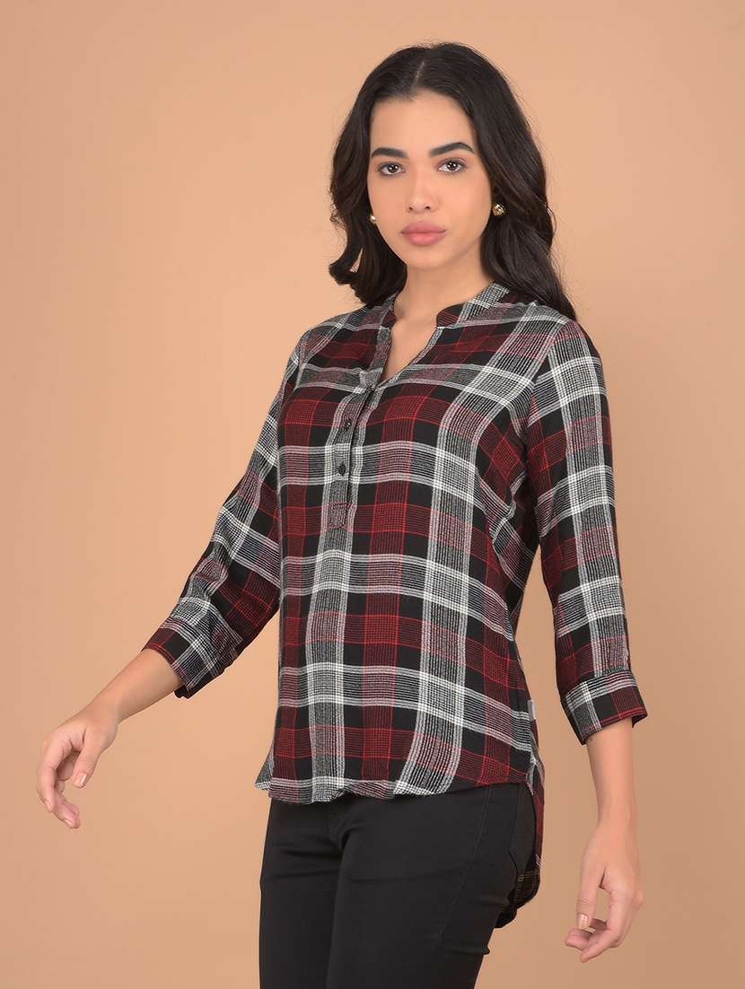 women checked printed three quarter sleeves top - 21617432 -  Zoom Image - 0