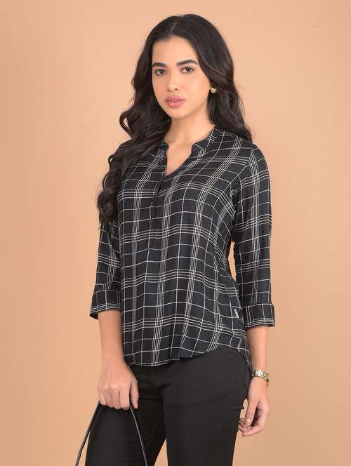 women checked printed three quarter sleeves top - 21617434 - Standard Image - 0