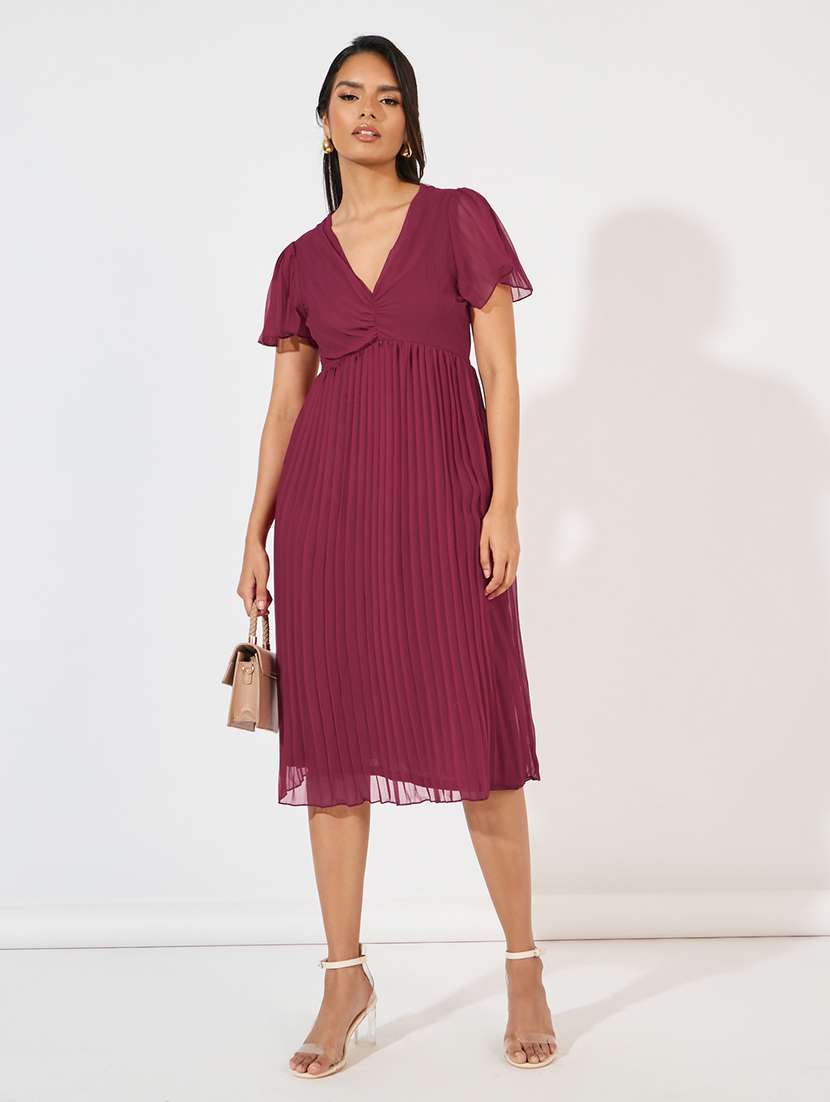 women solid v neck a-line dress