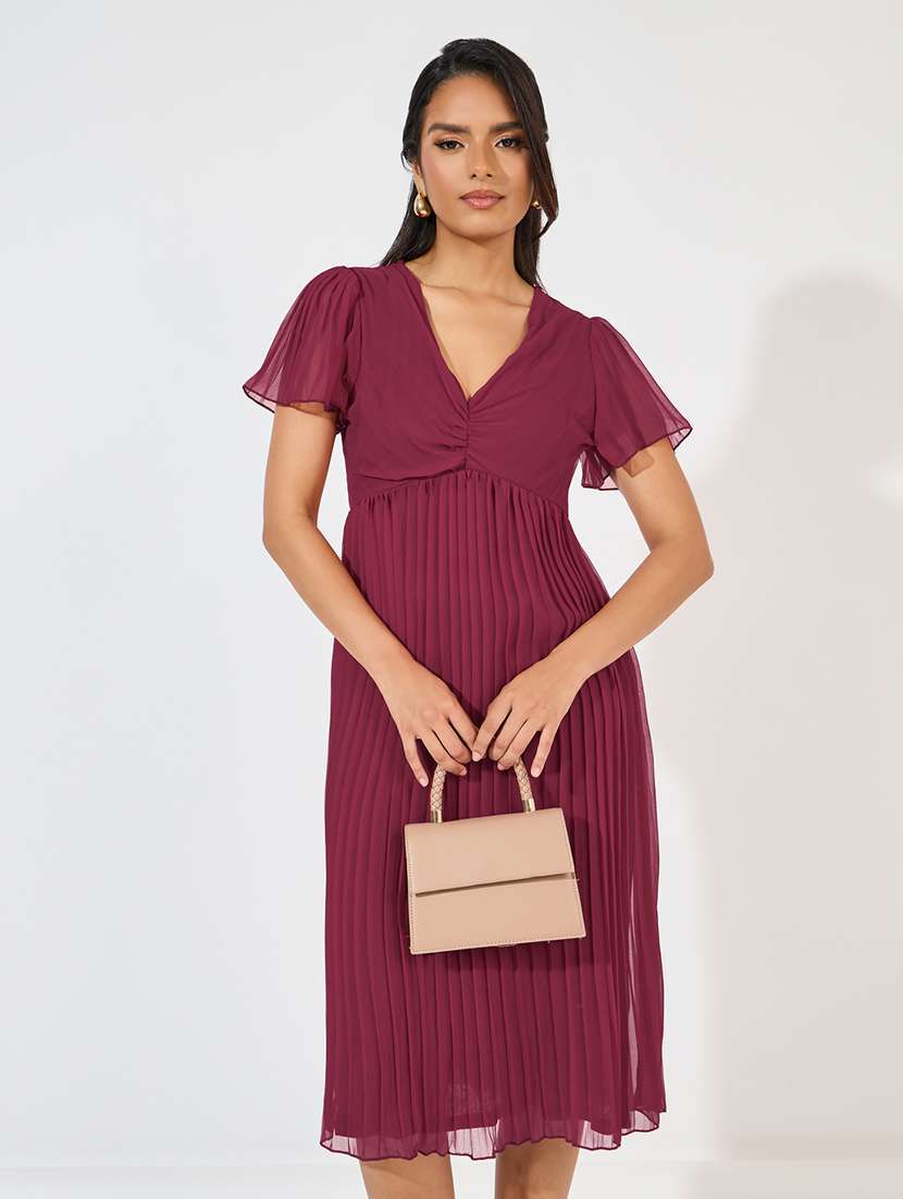 women solid v neck a-line dress - 21618069 -  Standard Image - 3