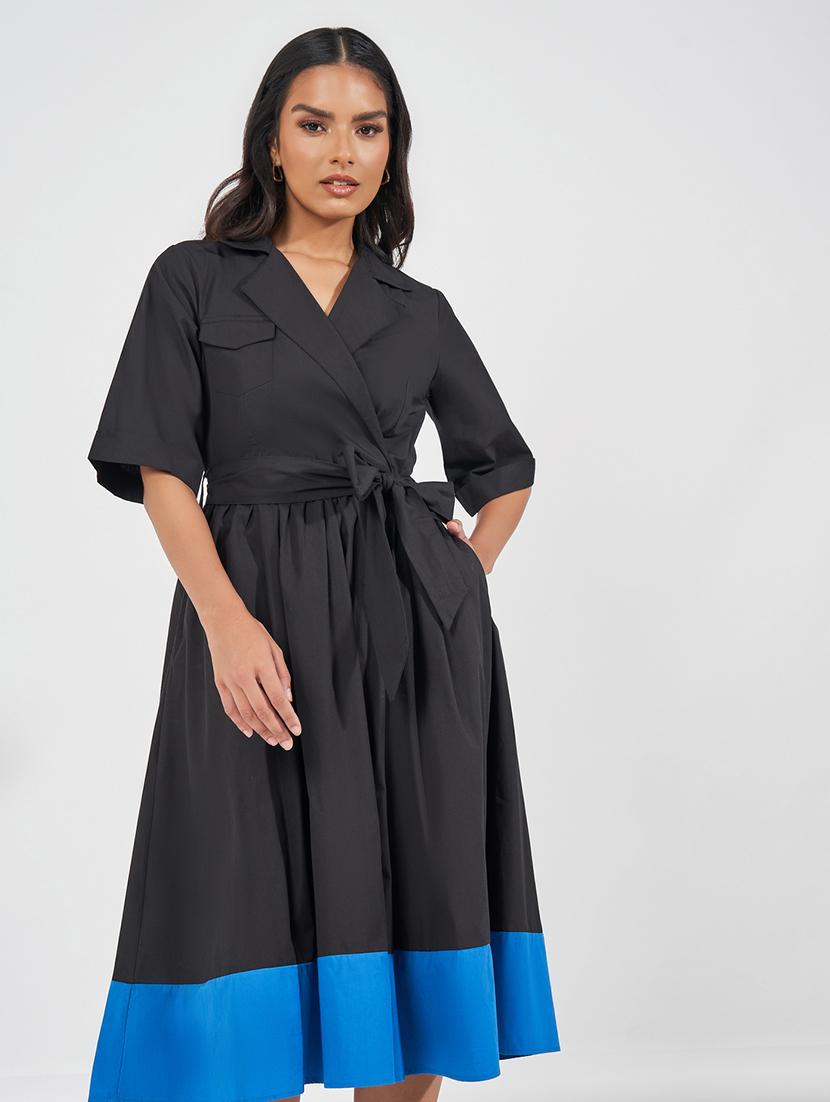women black solid short sleeve wrap dress - 21618073 - Standard Image - 3