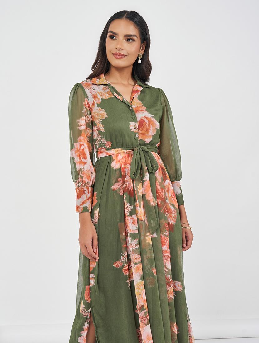 women green floral printed a-line dress - 21618079 - Standard Image - 3