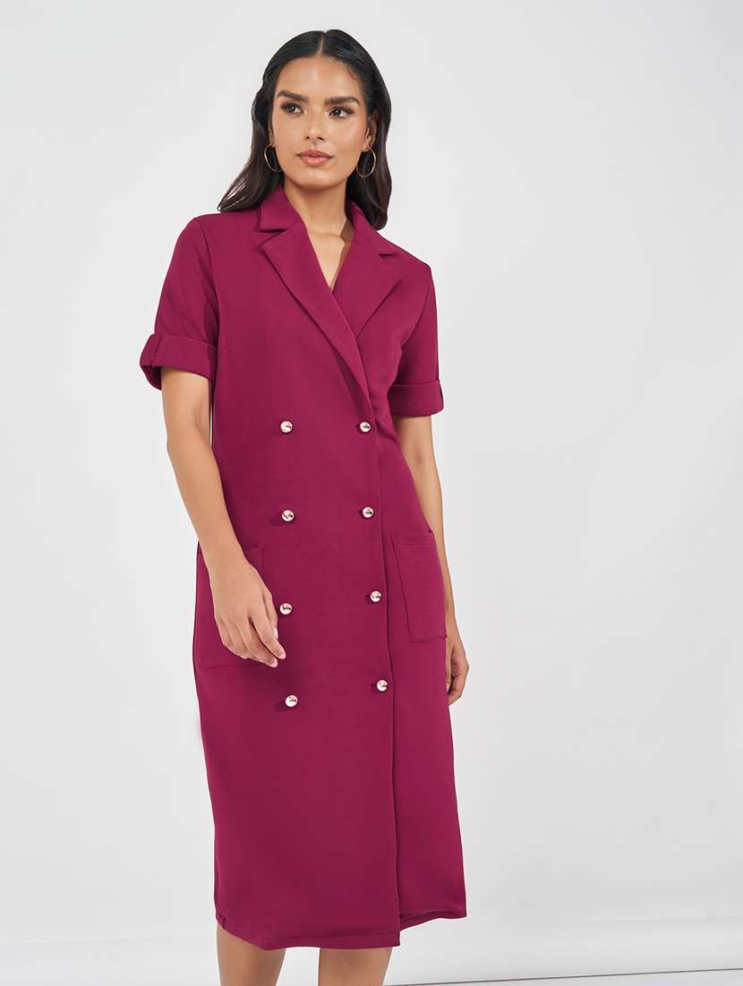 women magenta solid short sleeve coat dress - 21618083 -  Standard Image - 3