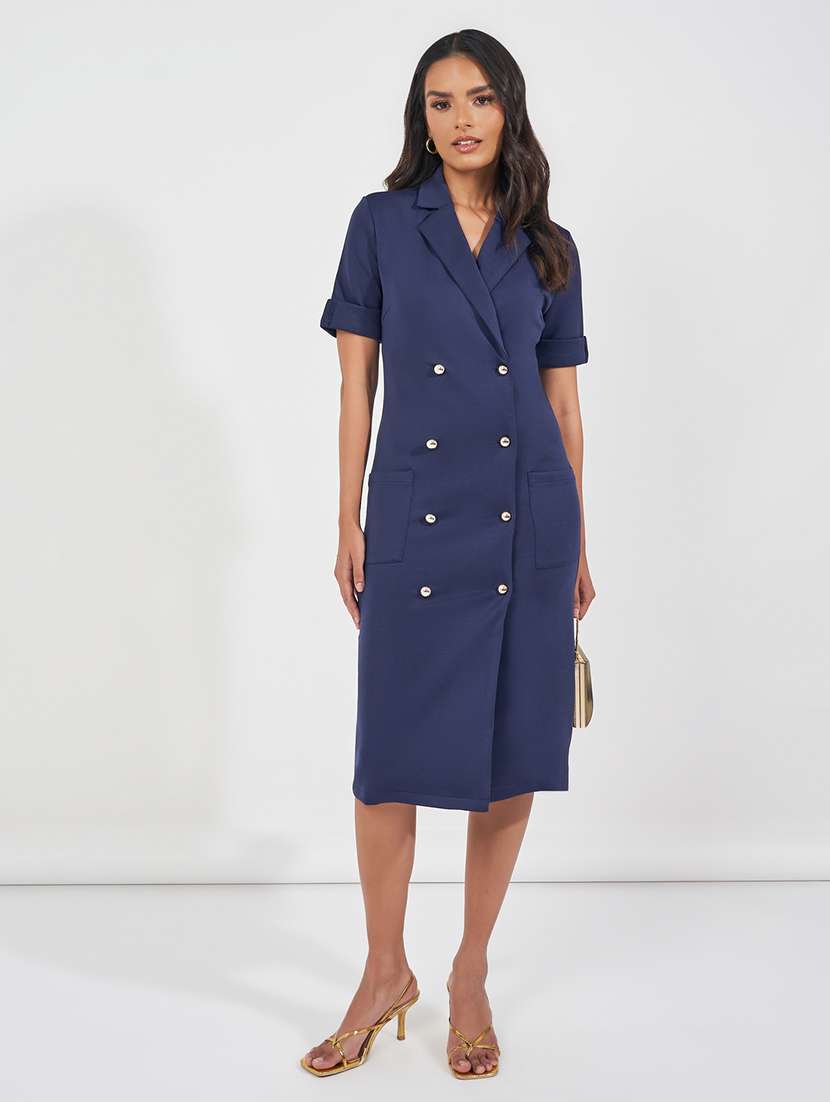 women navy blue solid short sleeve coat dress