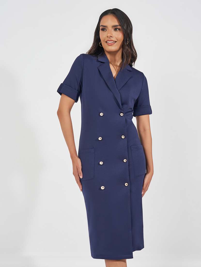 women navy blue solid short sleeve coat dress - 21618084 -  Standard Image - 3