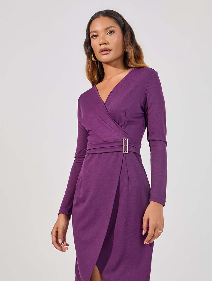women purple solid wrap dress - 21618106 - Standard Image - 3