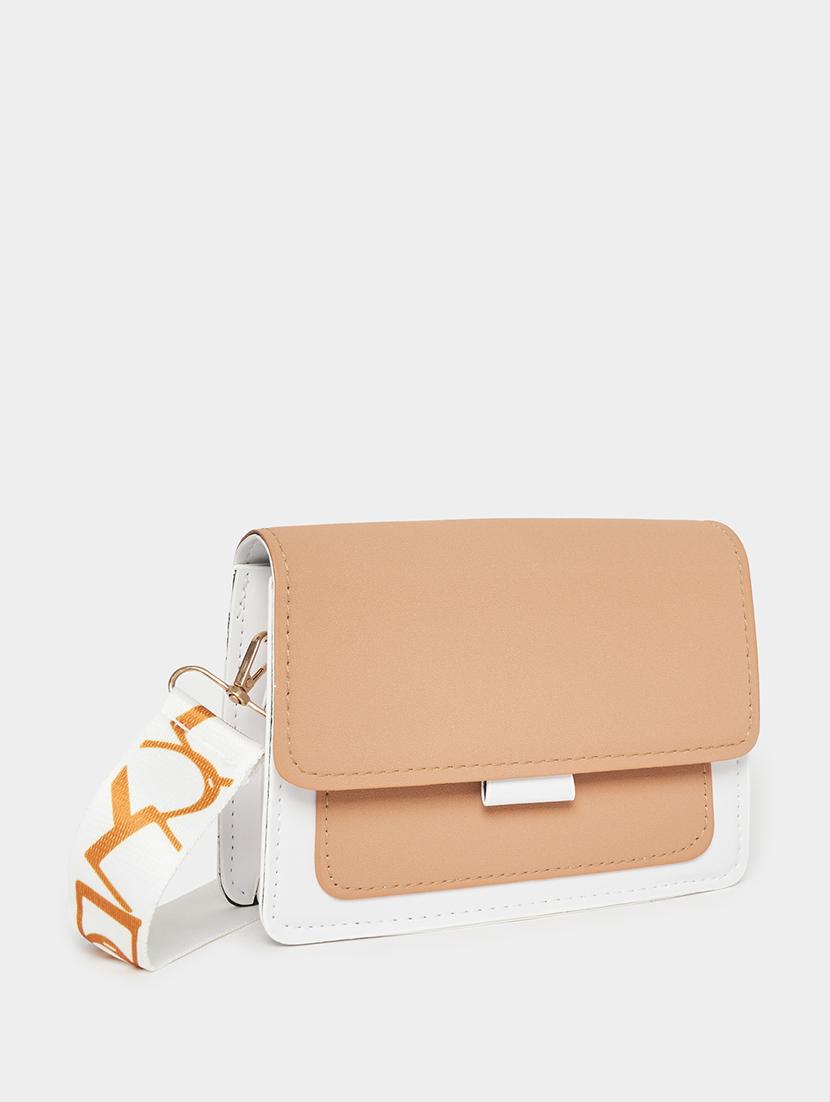 women brown color block handbag
