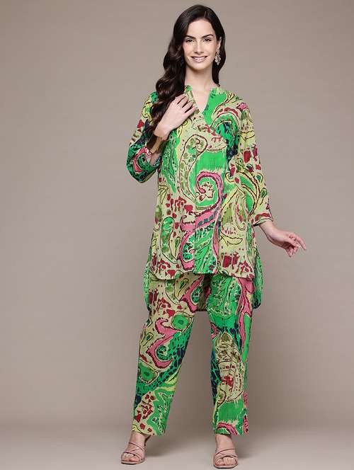 women printed mandarin neck co-ord sets - 21618611 - Standard Image - 0