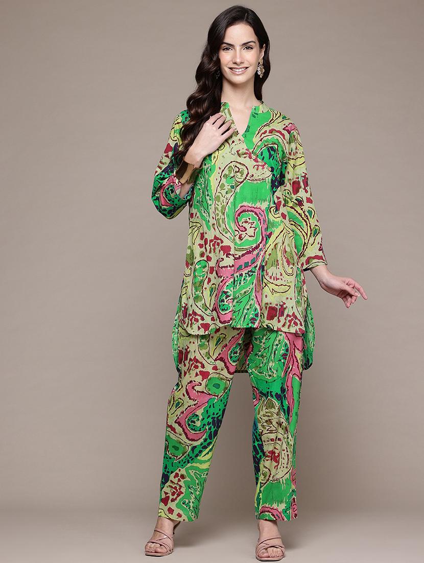 women printed mandarin neck co-ord sets - 21618611 - Zoom Image - 0