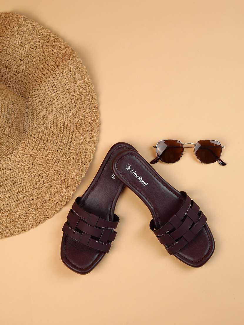 women maroon solid slip on flats