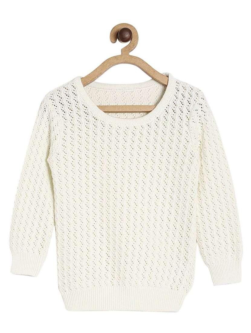 girls self design round neck sweater