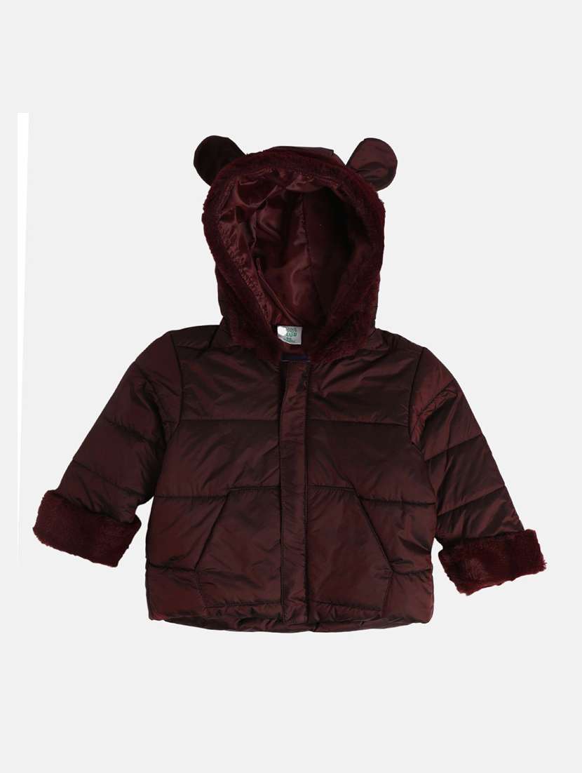 boys solid fur detailed hooded jacket