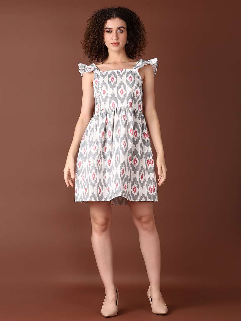 women grey printed sleeveless fit & flare dress