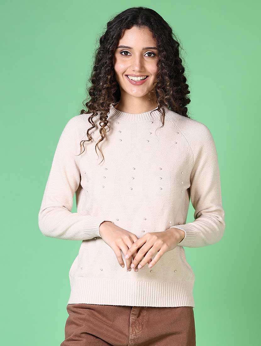 women pearl embellished long sleeve pullover