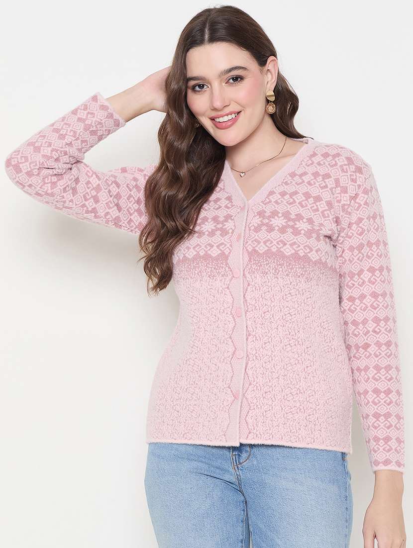 women self design pink woolen cardigan - 21620839 -  Zoom Image - 0