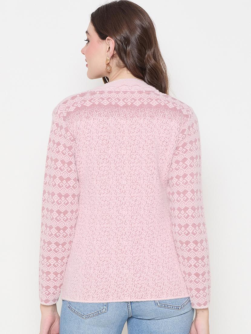 women self design pink woolen cardigan - 21620839 - Standard Image - 3