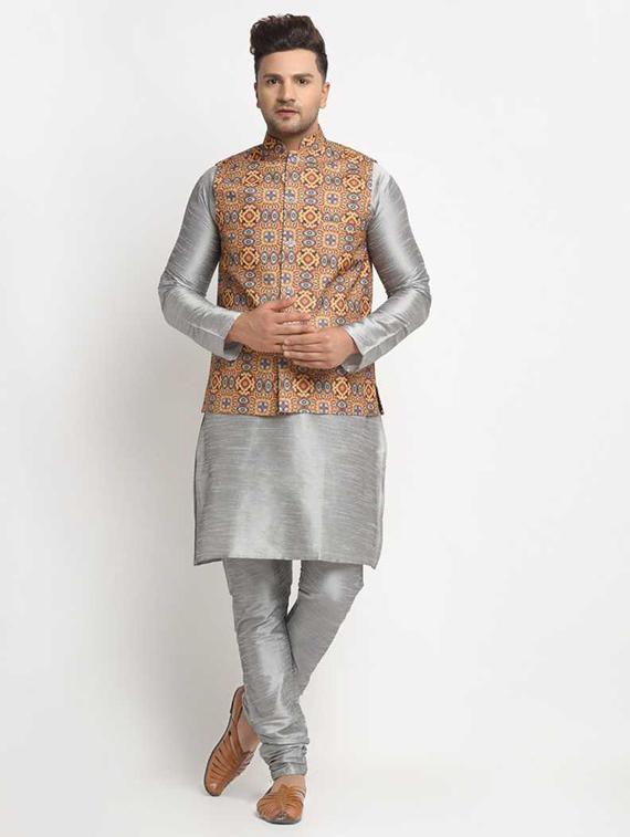 men kurta churidar with jacket ethnic wear set