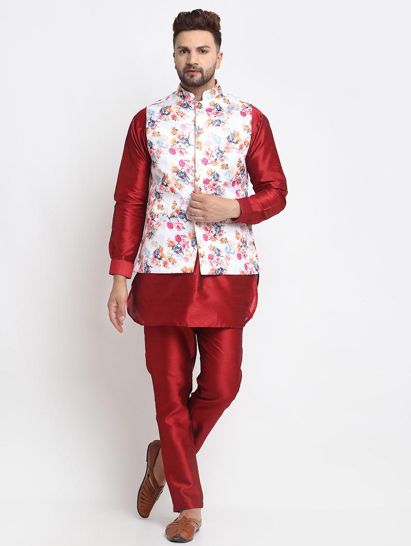maroon silk blend kurta pyjama with jacket ethnic wear set - 21621380 - Zoom Image - 0