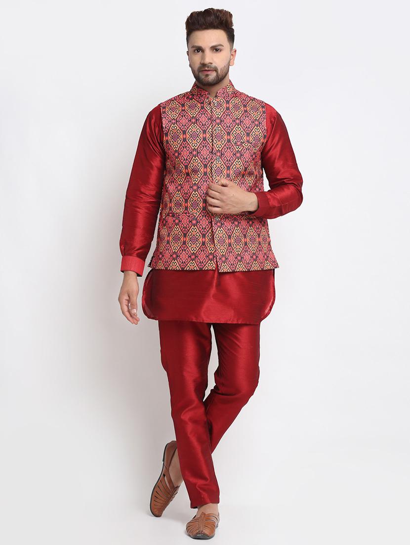 men kurta pyjama with jacket ethnic wear set