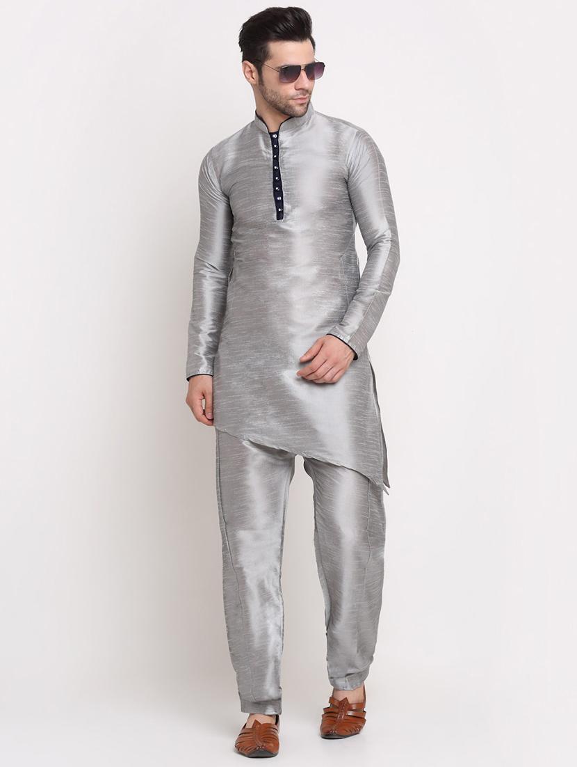men solid asymmetri kurta with trousers ethnic wear set